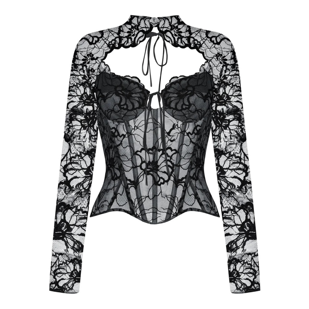 Black Lace Long-Sleeve Corset Top